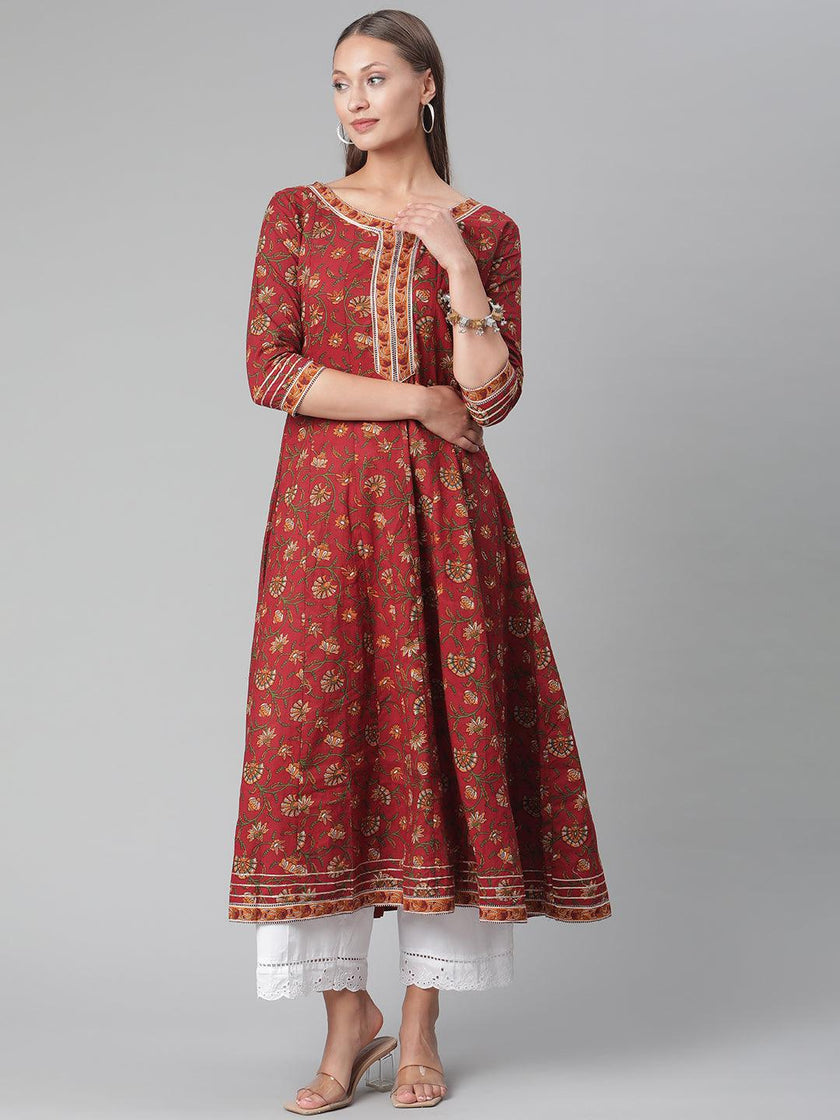 Divena Red Flaired Cotton Anarkali Kurta - divena world