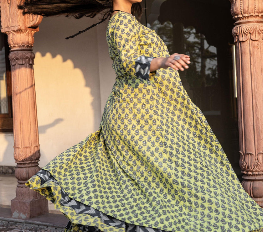 Divena Yellow Shurg Style Cotton kurta with Skirt - divenaworld.com