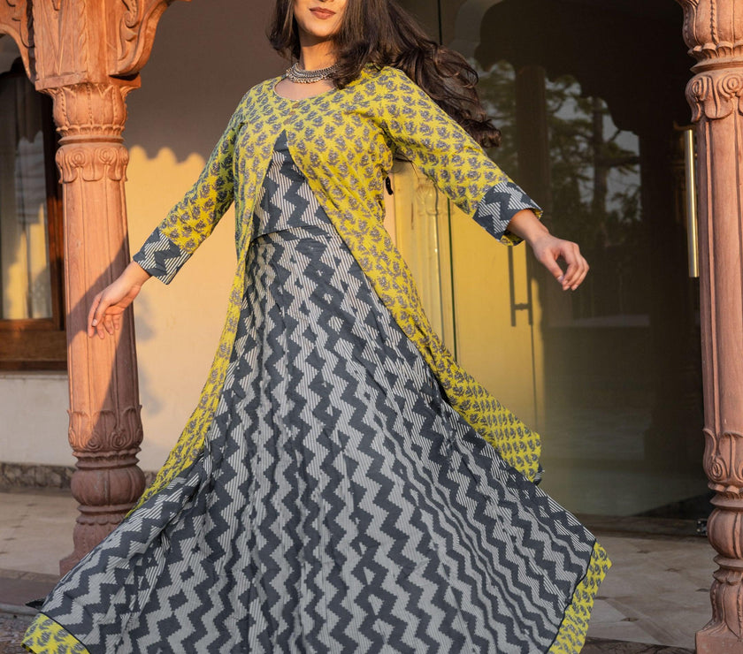 Divena Yellow Shurg Style Cotton kurta with Skirt - divenaworld.com