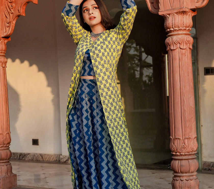 Divena Yellow Shurg Style Cotton kurta with Skirt - divenaworld.com