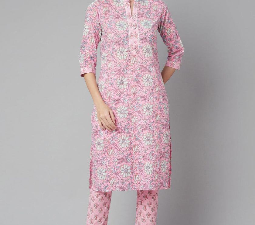 Divena Pink floral printed Cotton Kurta Pant set - divena world