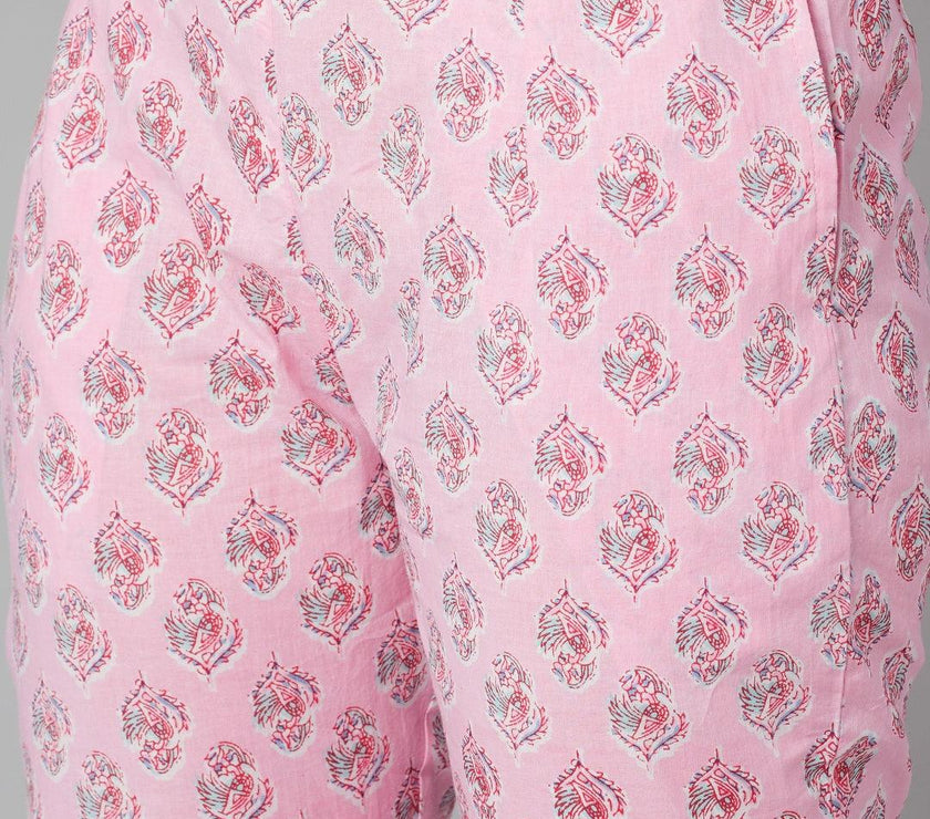 Divena Pink floral printed Cotton Kurta Pant set - divena world