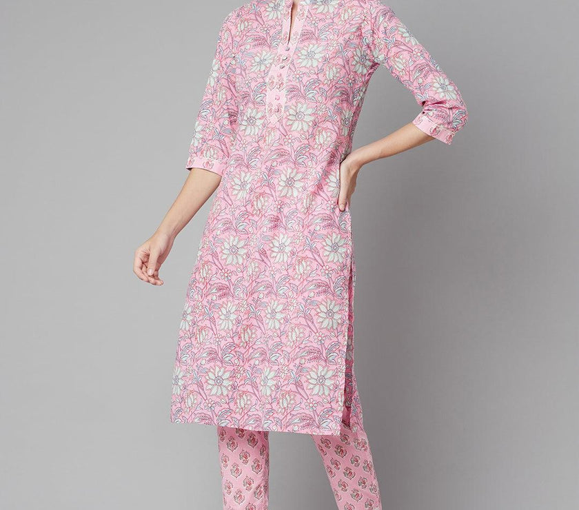 Divena Pink floral printed Cotton Kurta Pant set - divena world