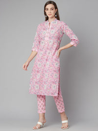 Divena Pink floral printed Cotton Kurta Pant set - divena world