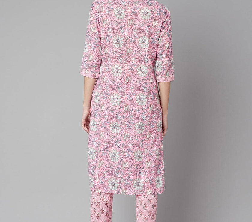 Divena Pink floral printed Cotton Kurta Pant set - divena world