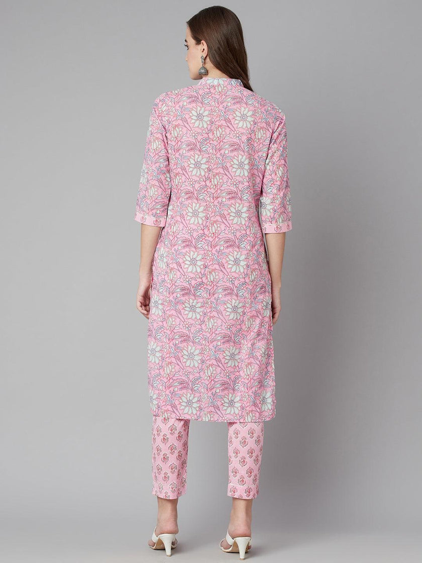 Divena Pink floral printed Cotton Kurta Pant set - divena world