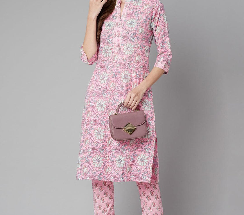 Divena Pink floral printed Cotton Kurta Pant set - divena world