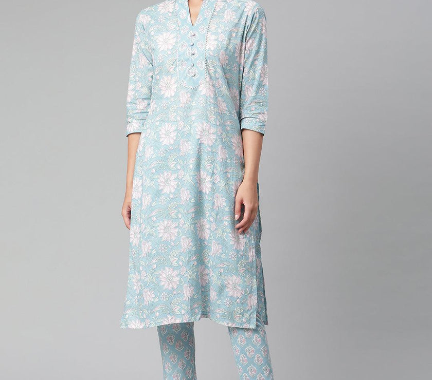 Divena Sky Blue Cotton kurta Pant set - divena world