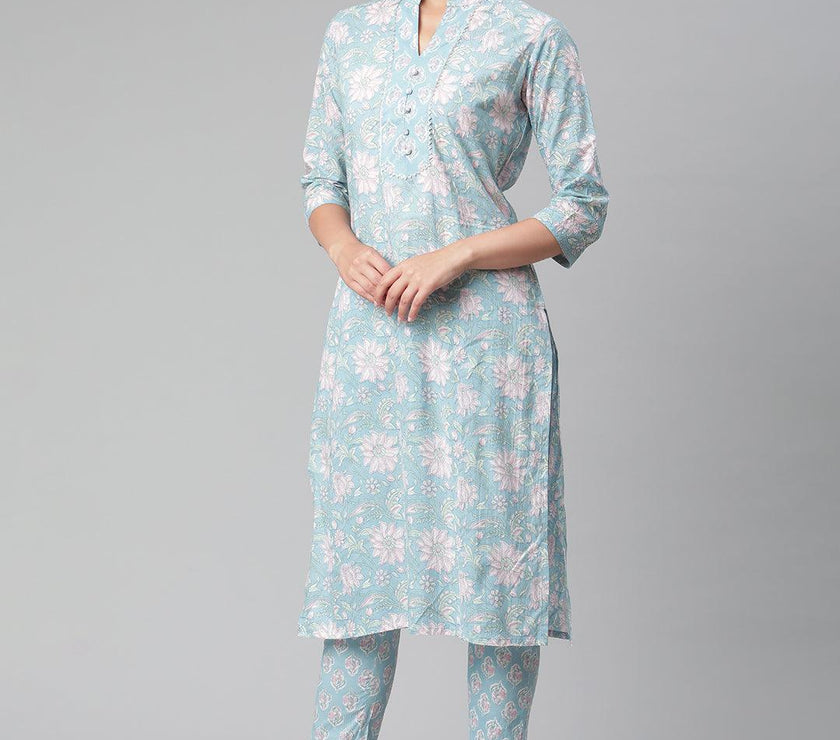 Divena Sky Blue Cotton kurta Pant set - divena world