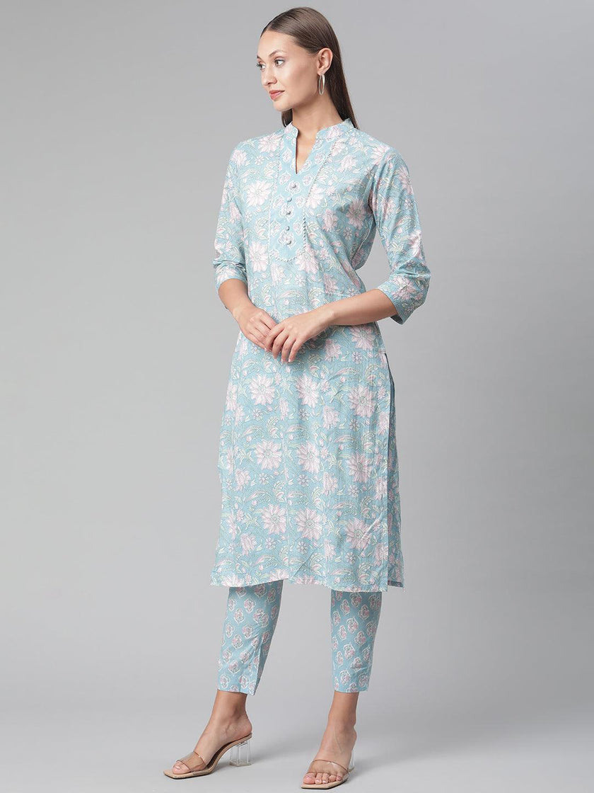 Divena Sky Blue Cotton kurta Pant set - divena world