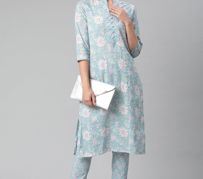 Divena Sky Blue Cotton kurta Pant set - divena world