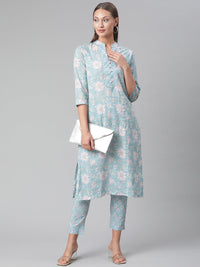 Divena Sky Blue Cotton kurta Pant set - divena world