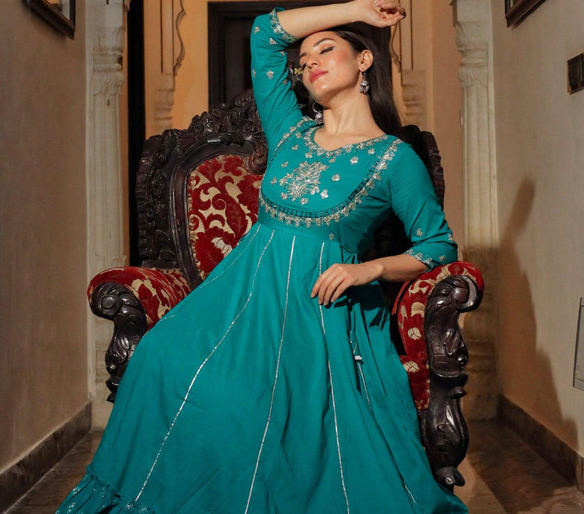 Divena Green Flared Kurta - divenaworld.com