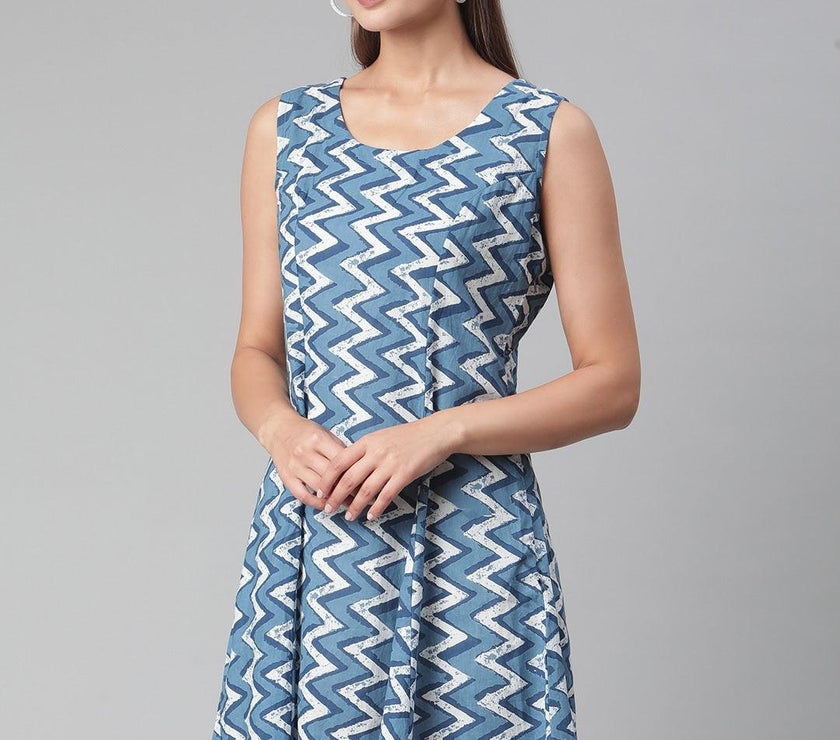 Divena Blue Knee Length Cotton Dress - divena world