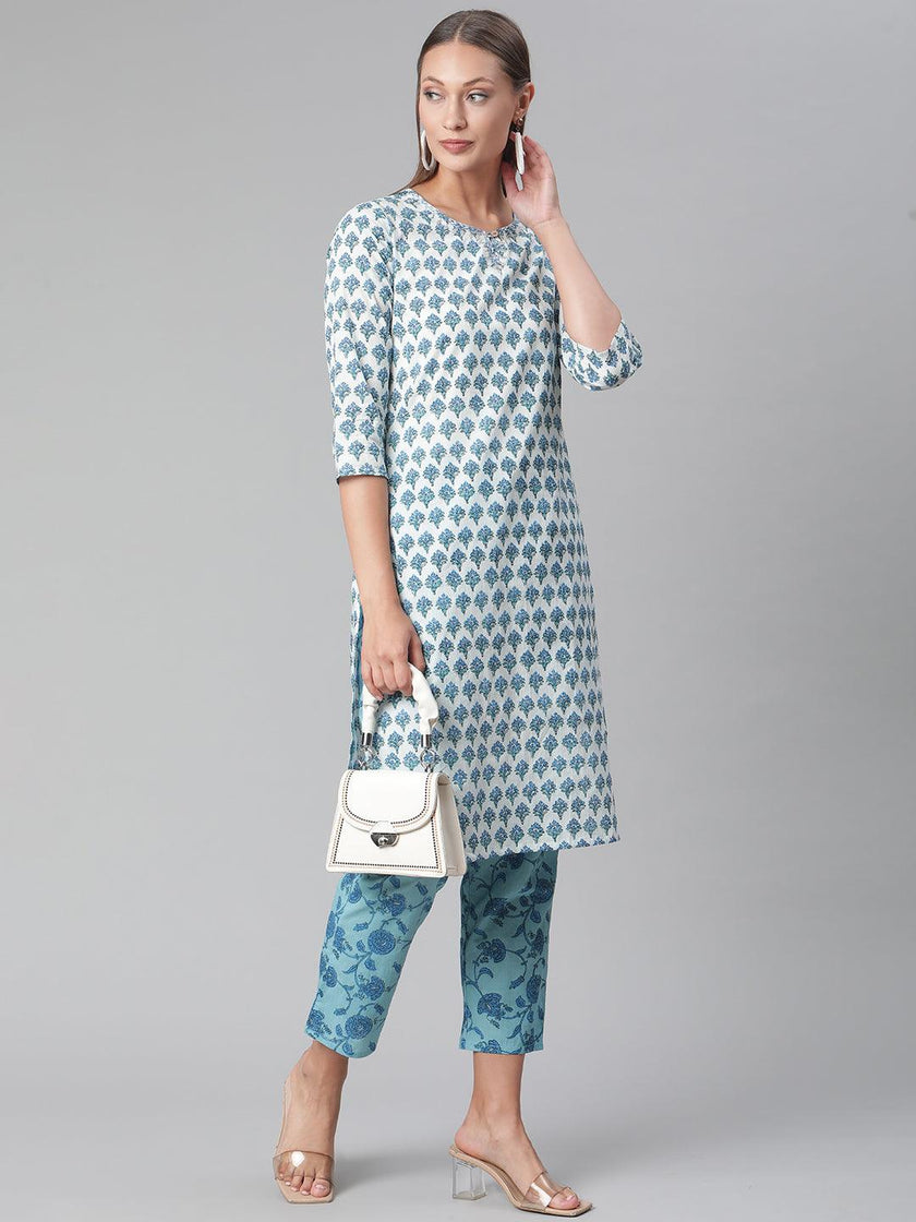 Divena White Cotton Kurta Pant set - divena world