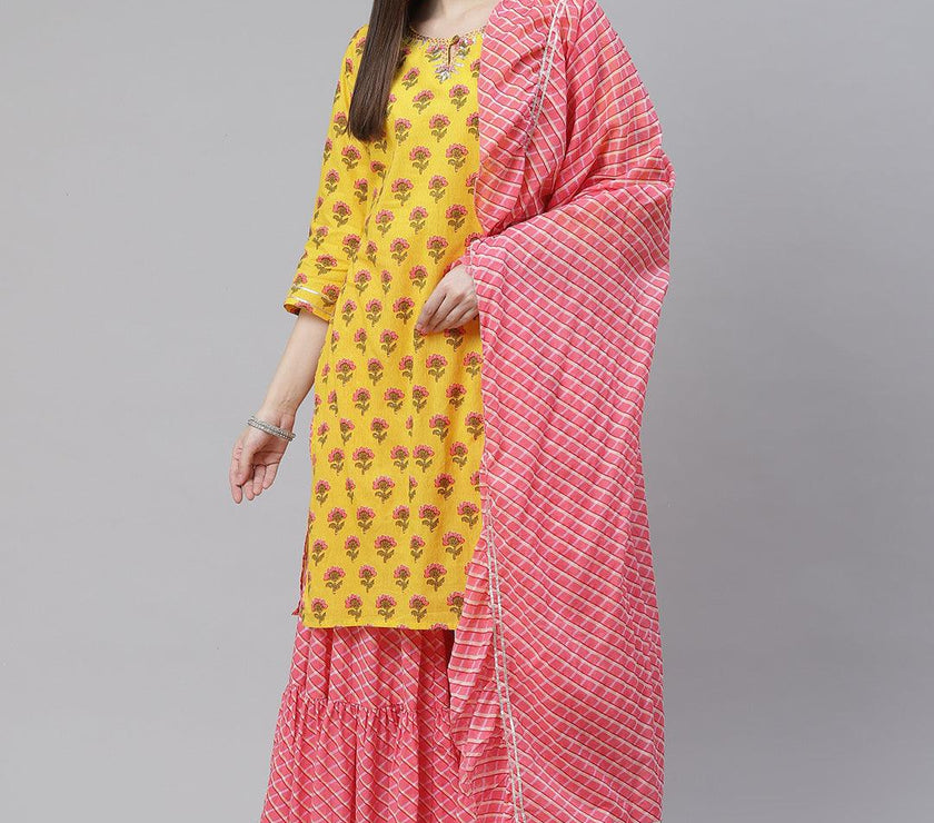 Divena Yellow Printed Kurta with Lahariya Sharara and Ruffled Dupatta Set - divena world