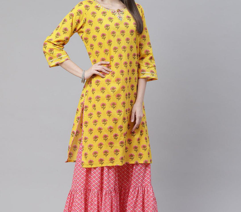 Divena Yellow Printed Kurta with Lahariya Sharara and Ruffled Dupatta Set - divena world