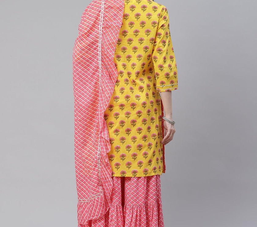 Divena Yellow Printed Kurta with Lahariya Sharara and Ruffled Dupatta Set - divena world