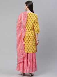 Divena Yellow Printed Kurta with Lahariya Sharara and Ruffled Dupatta Set - divena world