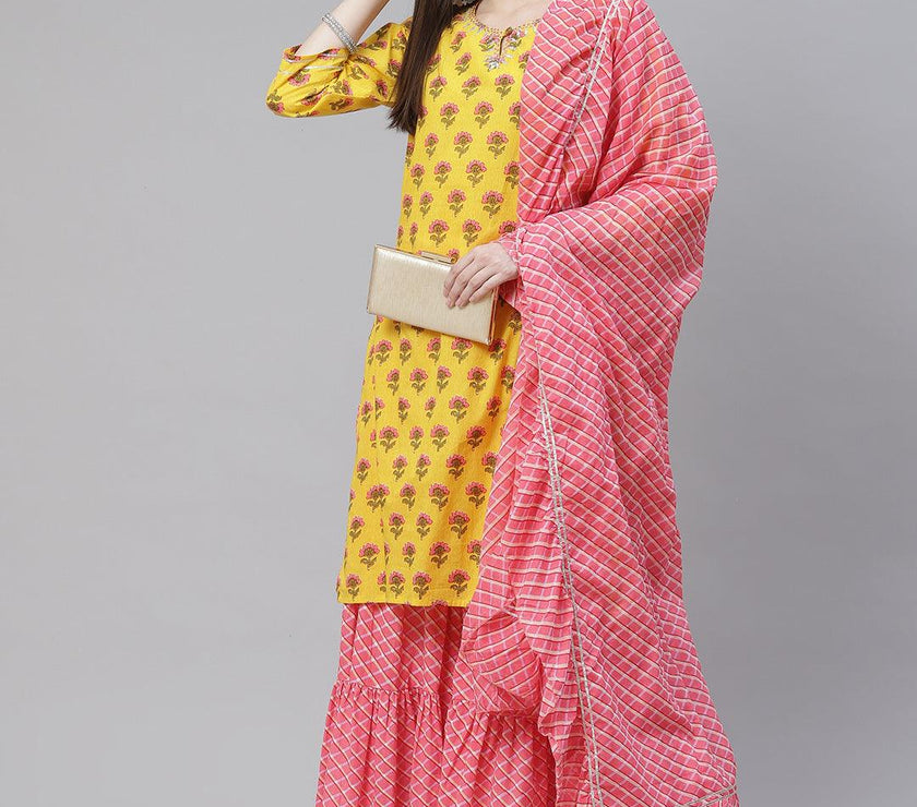 Divena Yellow Printed Kurta with Lahariya Sharara and Ruffled Dupatta Set - divena world