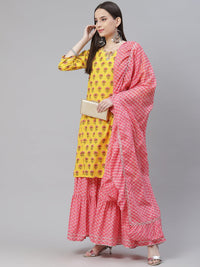 Divena Yellow Printed Kurta with Lahariya Sharara and Ruffled Dupatta Set - divena world