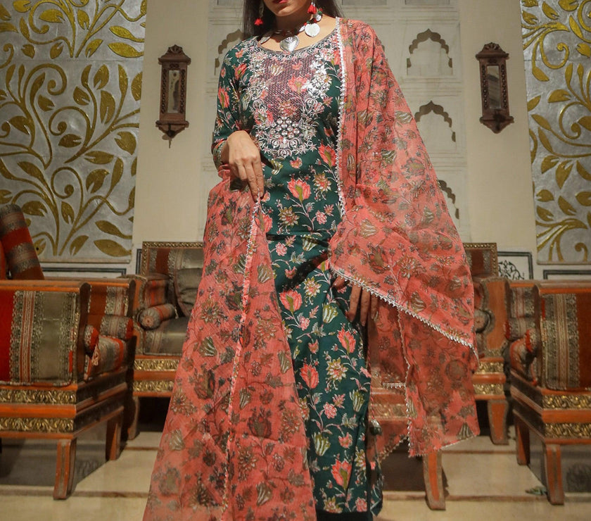 Divena Green Floral Printed Kurta Pant Set with Dupatta - divenaworld.com