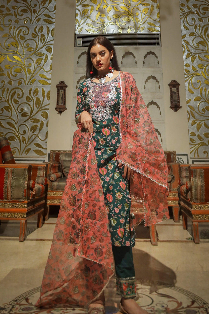 Divena Green Floral Printed Kurta Pant Set with Dupatta - divenaworld.com