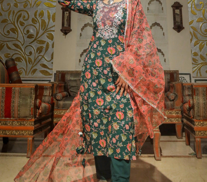 Divena Green Floral Printed Kurta Pant Set with Dupatta - divenaworld.com