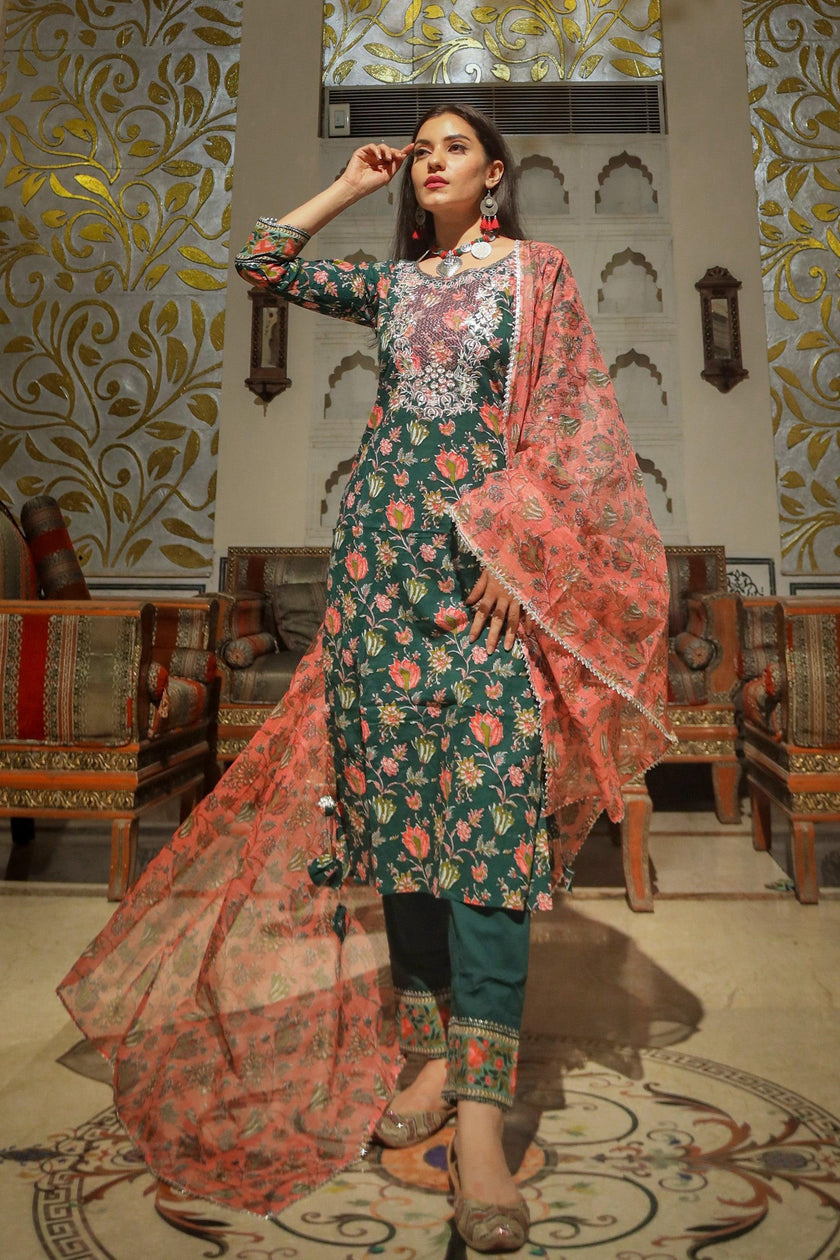 Divena Green Floral Printed Kurta Pant Set with Dupatta - divenaworld.com