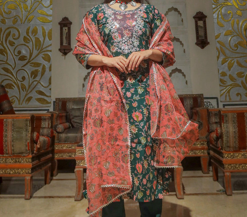 Divena Green Floral Printed Kurta Pant Set with Dupatta - divenaworld.com