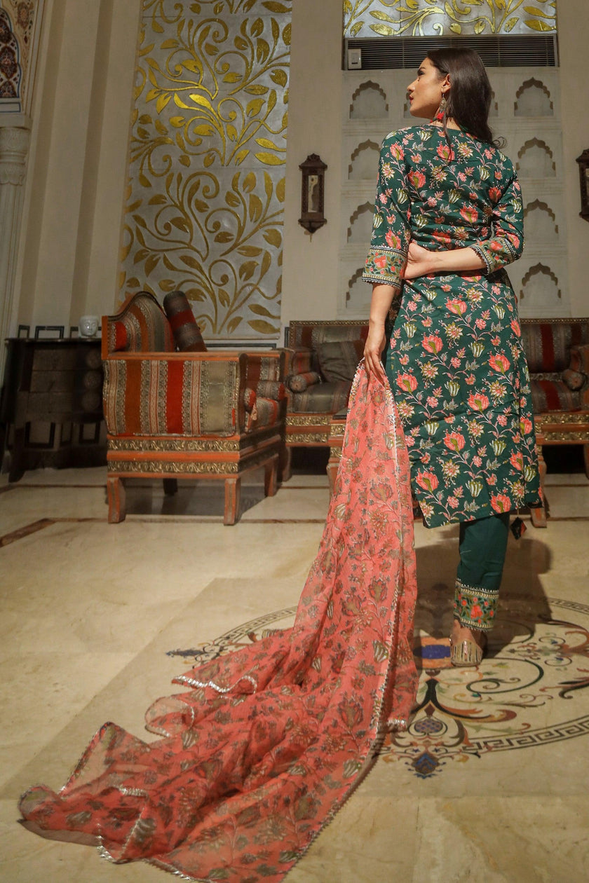 Divena Green Floral Printed Kurta Pant Set with Dupatta - divenaworld.com