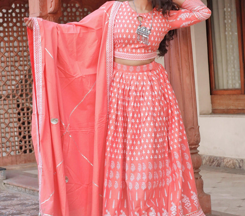 Divena Pink Printed Crop Top, lehenga with Dupatta set - divenaworld.com