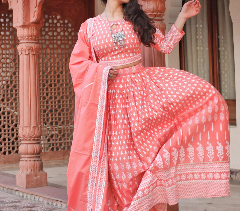 Divena Pink Printed Crop Top, lehenga with Dupatta set - divenaworld.com