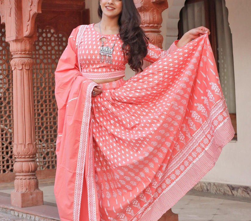 Divena Pink Printed Crop Top, lehenga with Dupatta set - divenaworld.com