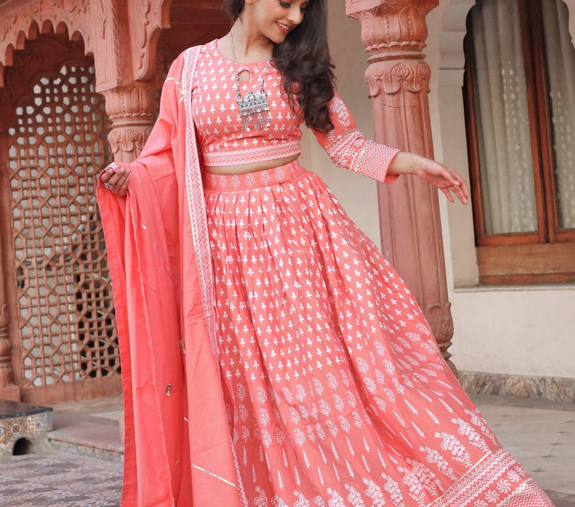 Divena Pink Printed Crop Top, lehenga with Dupatta set - divenaworld.com