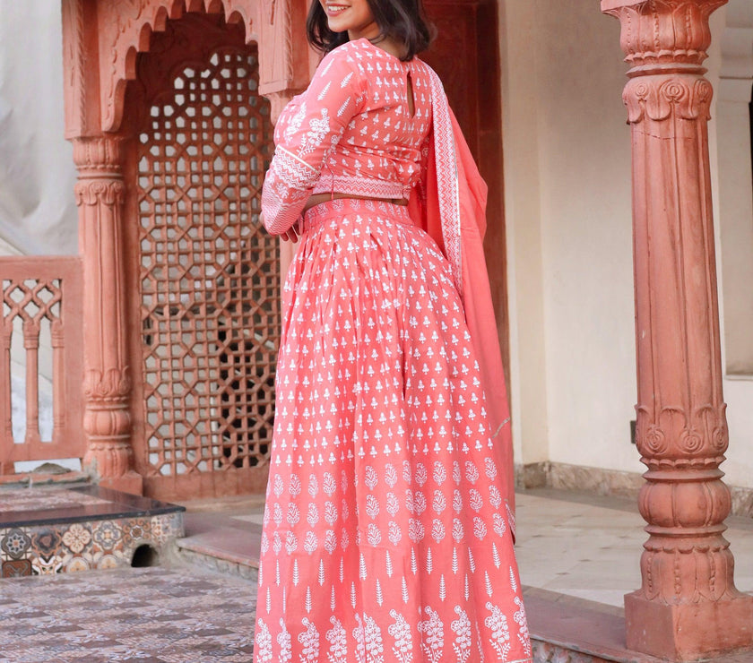 Divena Pink Printed Crop Top, lehenga with Dupatta set - divenaworld.com