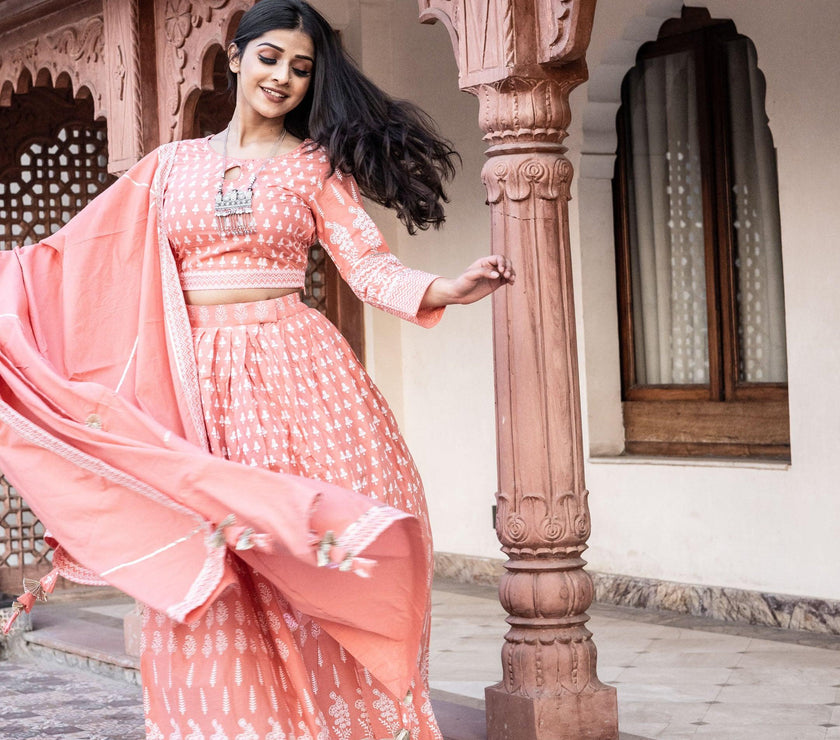 Divena Pink Printed Crop Top, lehenga with Dupatta set - divenaworld.com