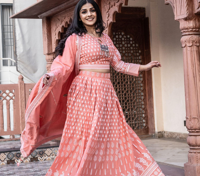 Divena Pink Printed Crop Top, lehenga with Dupatta set - divenaworld.com