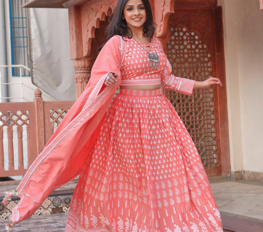 Divena Pink Printed Crop Top, lehenga with Dupatta set - divenaworld.com