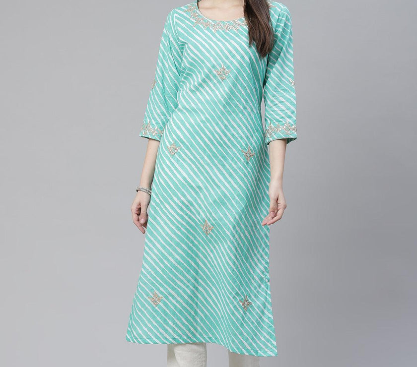 Divena Green Leheriya Cotton Gota Patti Straight Kurta - divena world