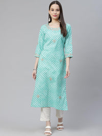 Divena Green Leheriya Cotton Gota Patti Straight Kurta - divena world