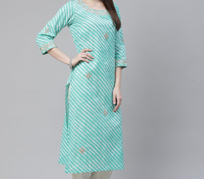 Divena Green Leheriya Cotton Gota Patti Straight Kurta - divena world