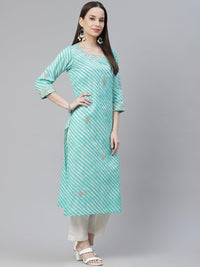 Divena Green Leheriya Cotton Gota Patti Straight Kurta - divena world