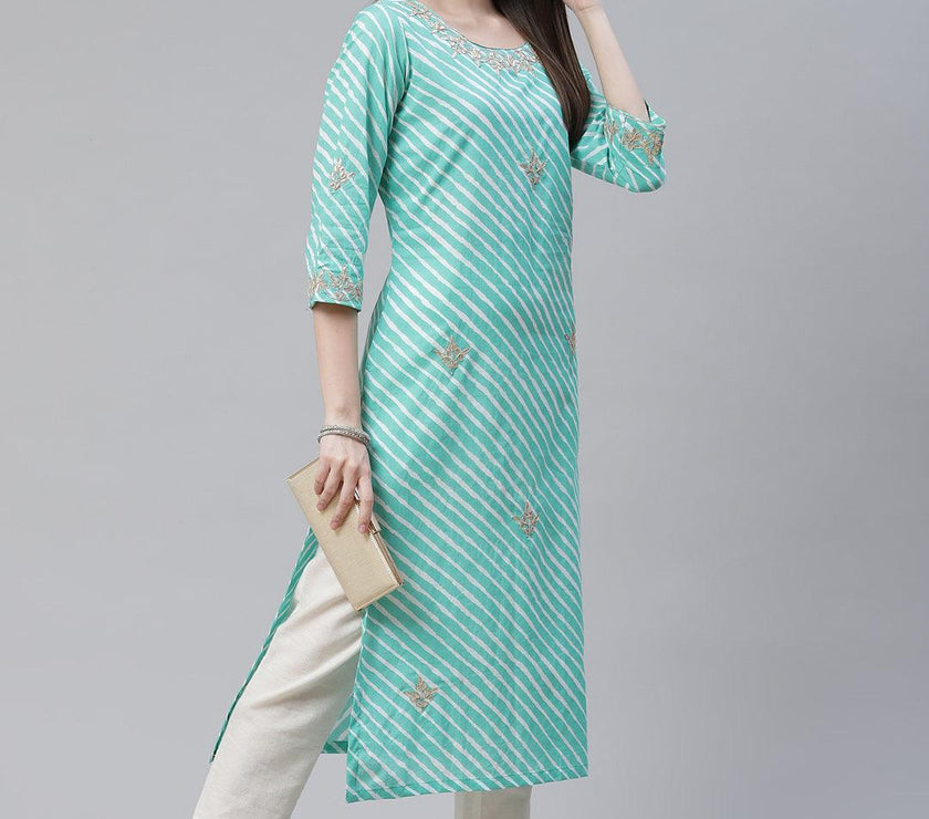 Divena Green Leheriya Cotton Gota Patti Straight Kurta - divena world