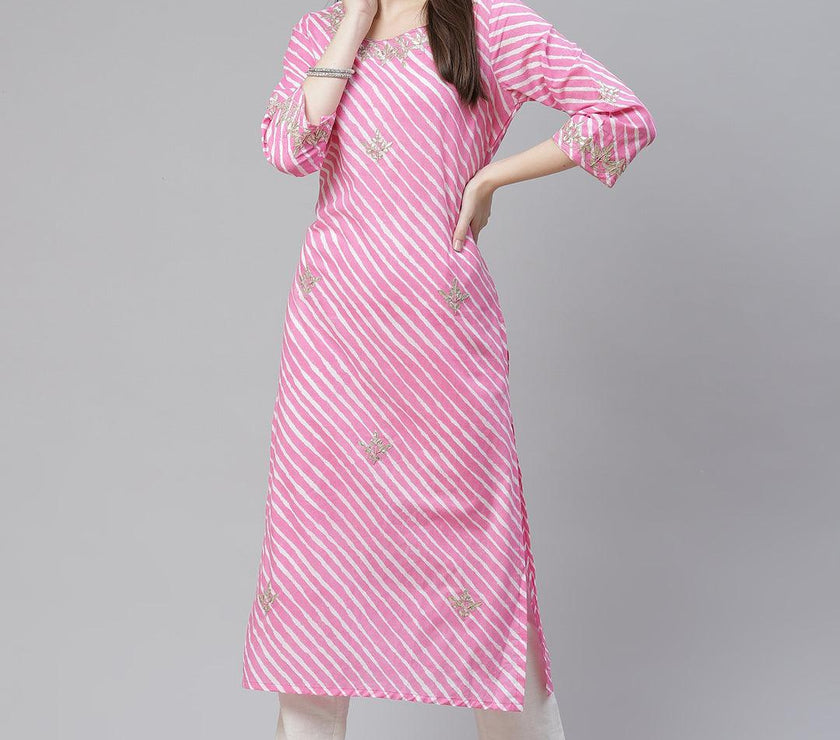 Divena Pink Lahariya Cotton Gota patti Straight Kurta - divena world