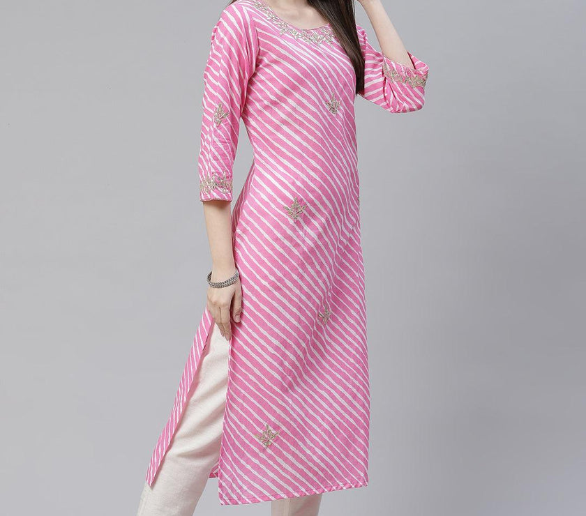 Divena Pink Lahariya Cotton Gota patti Straight Kurta - divena world