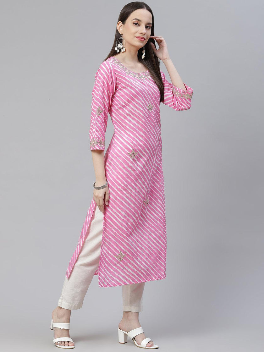 Divena Pink Lahariya Cotton Gota patti Straight Kurta - divena world