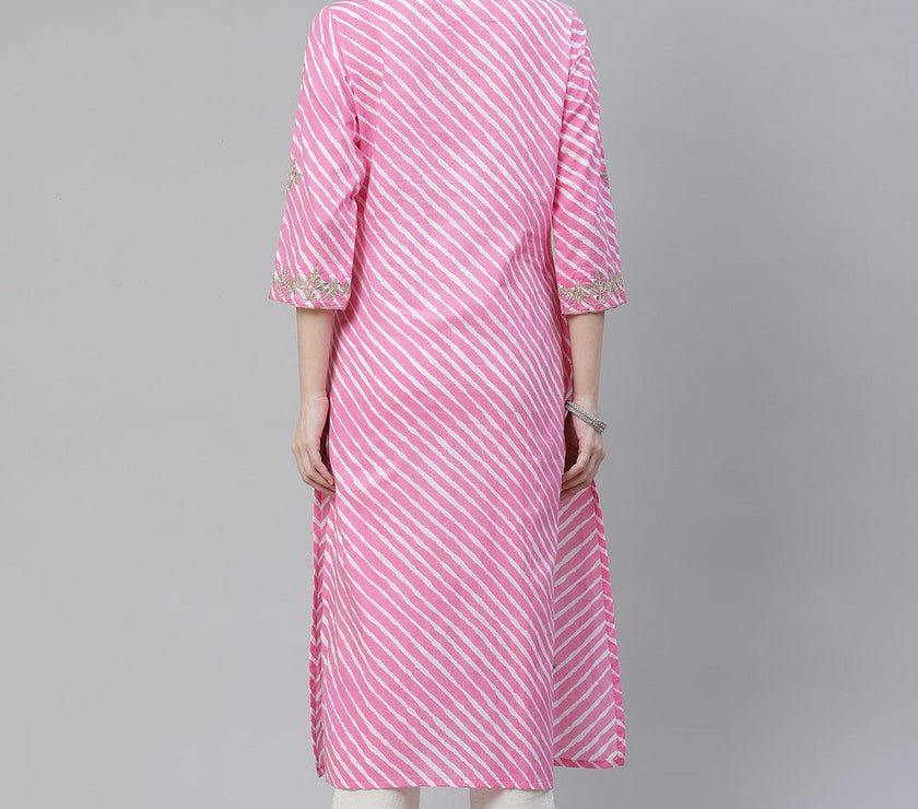 Divena Pink Lahariya Cotton Gota patti Straight Kurta - divena world