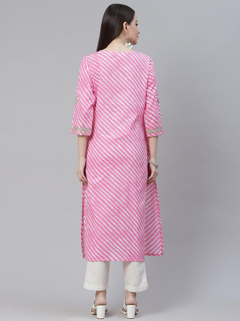 Divena Pink Lahariya Cotton Gota patti Straight Kurta - divena world