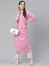 Divena Pink Lahariya Cotton Gota patti Straight Kurta - divena world